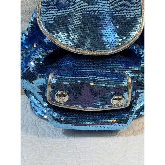 Coach Women’s Blue Poppy Sequin Backpack Signature Glitter Travel Bag Designer - Picture 10 of 13